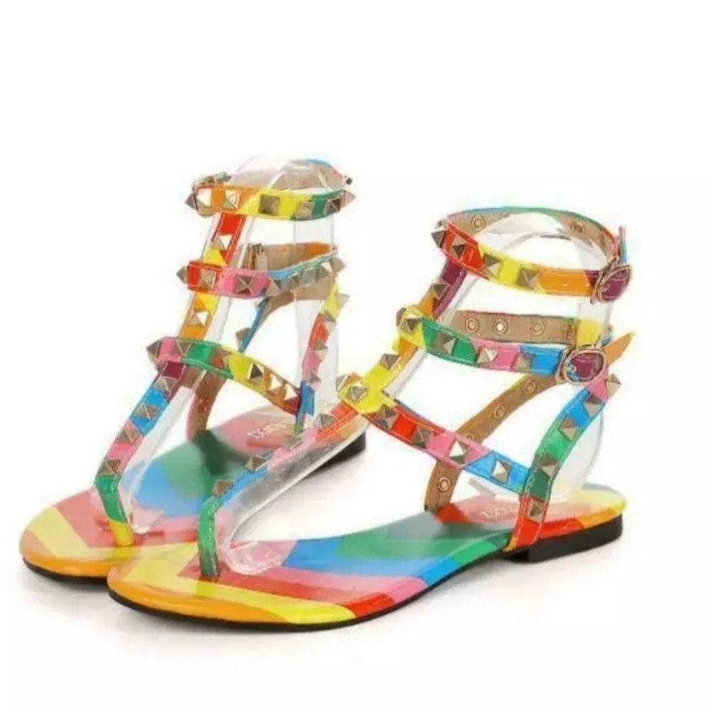 Women Flip-Flop Colorful Rainbow Stud T-Strap Gladiator Flat Sandals Sz 6 Pride